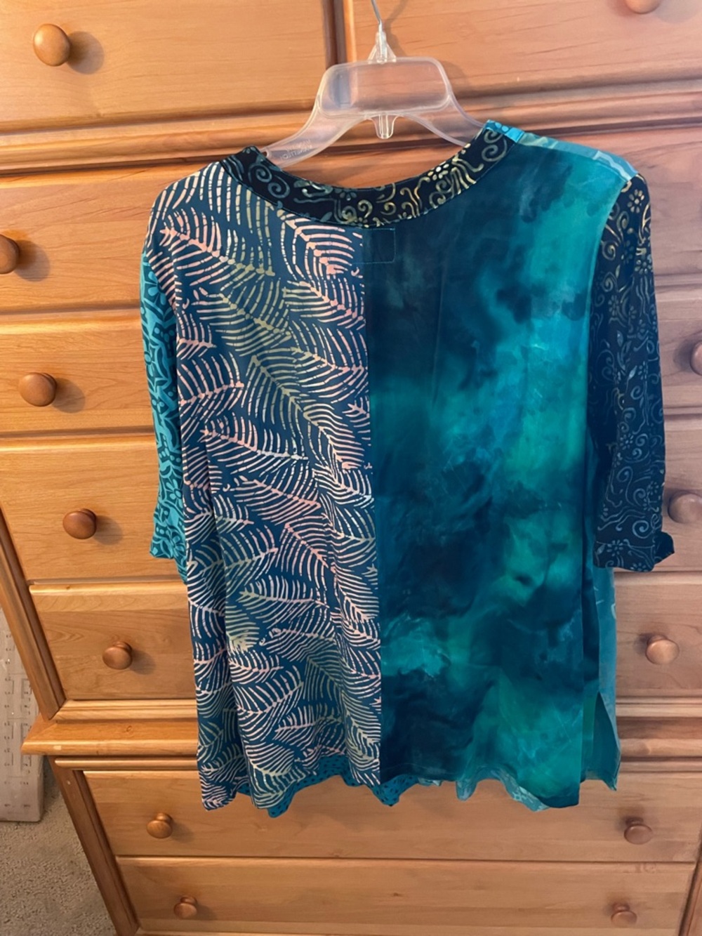 Teal Patchwork V-Neck Women's Top In Vibrant Patterns, size Medium. - Picture 3 of 5